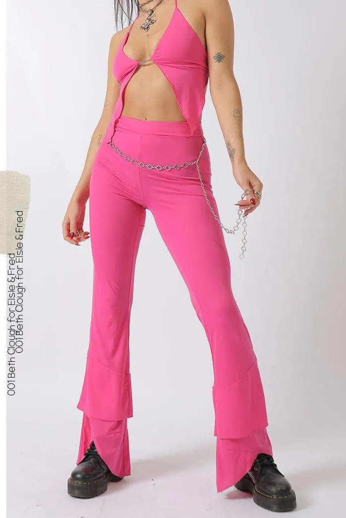 Ikon/Diva Y2k Fluted Flare Trouser in Hot Pink /w Belly Chain