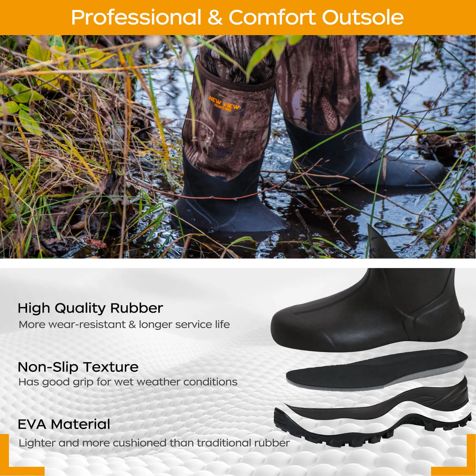 Insulated Hunting Boots for Men Cold Weather, 6mm Neoprene Rubber Hunting Boots for Winter, Camo Durable Waterproof Mud Boot for Deer, Duck, Bird Hunting