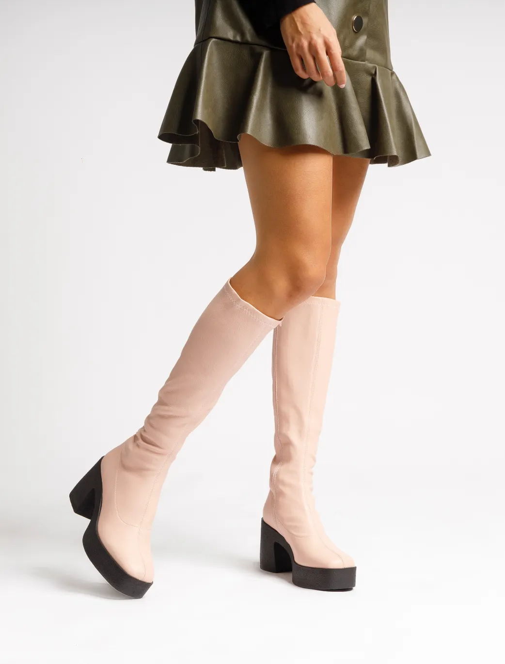 Izumi Pastel Rose Stretch Leather Chunky Boots