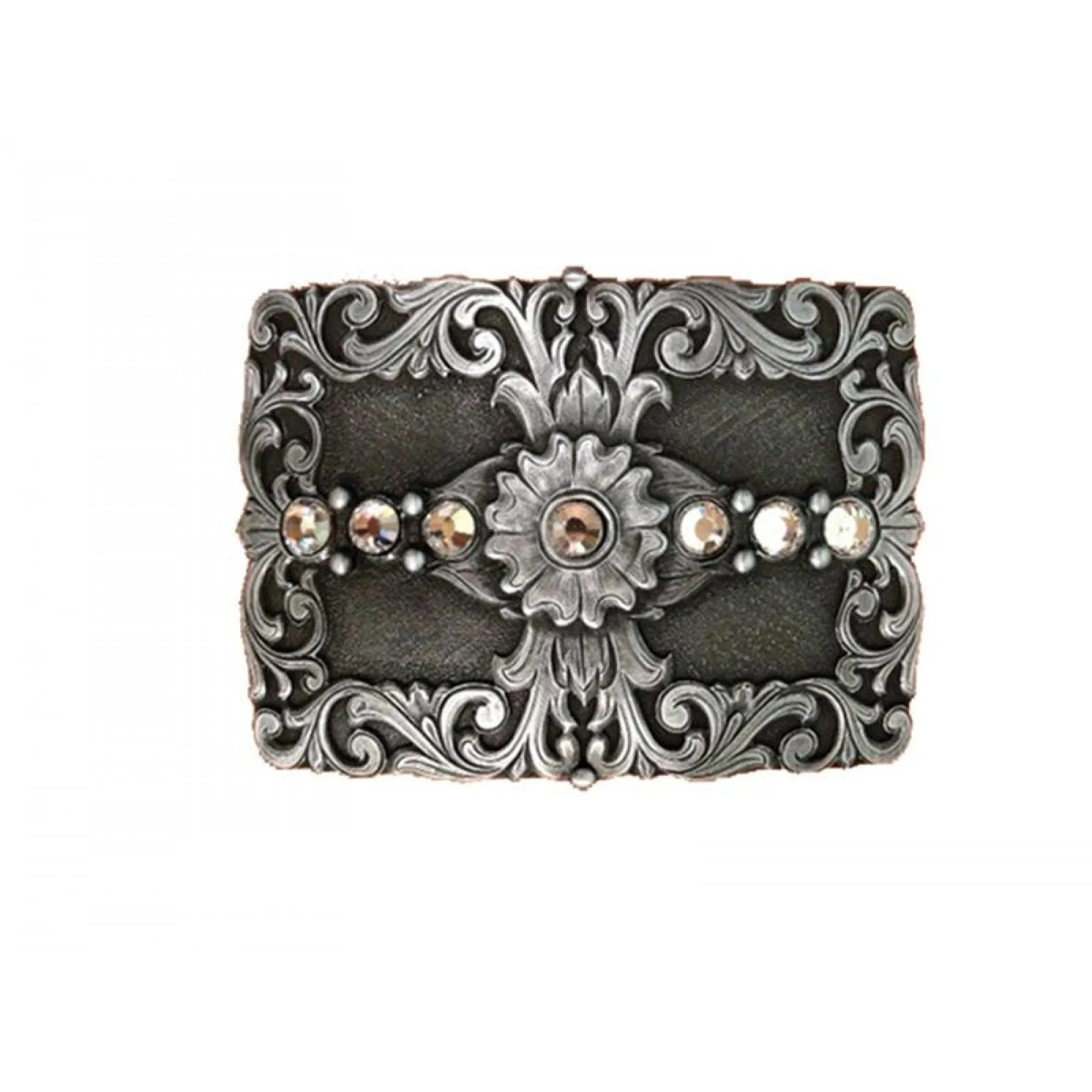 Ladies Silver Floral Scroll/Rhinestones Western Belt Buckle