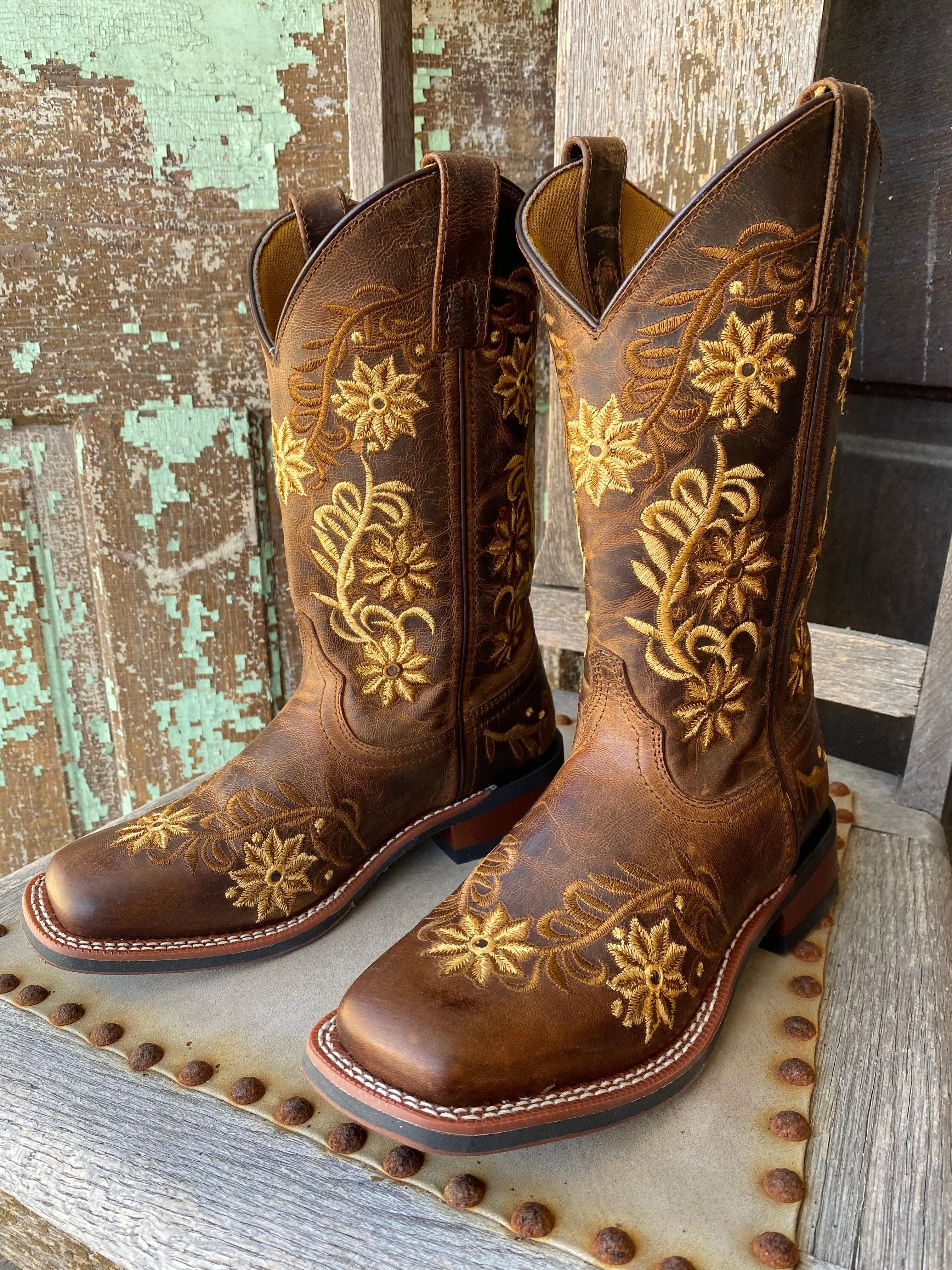 Laredo Women's Secret Garden Brown Embroidered Flower Cowgirl Boots 5822