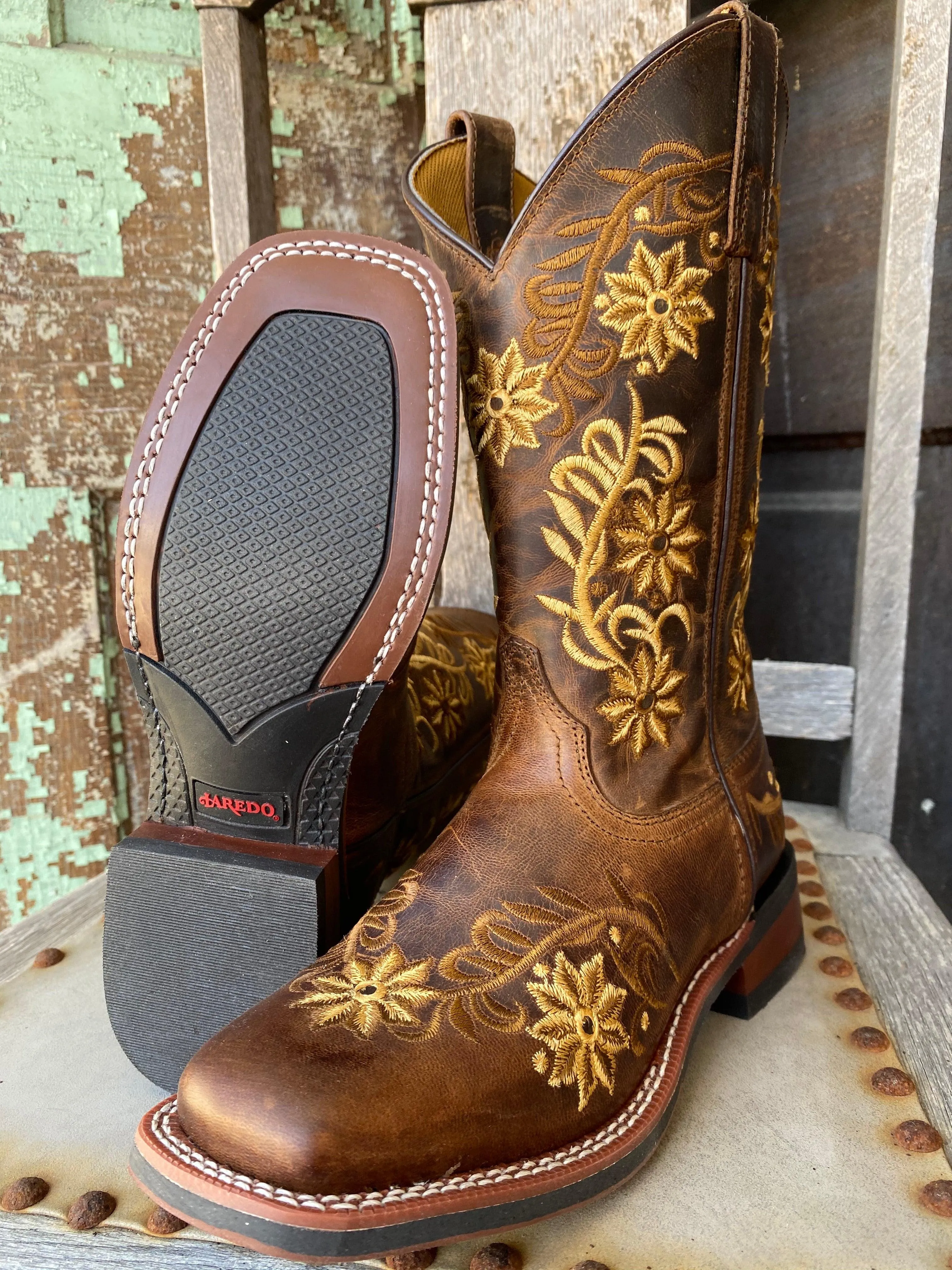 Laredo Women's Secret Garden Brown Embroidered Flower Cowgirl Boots 5822