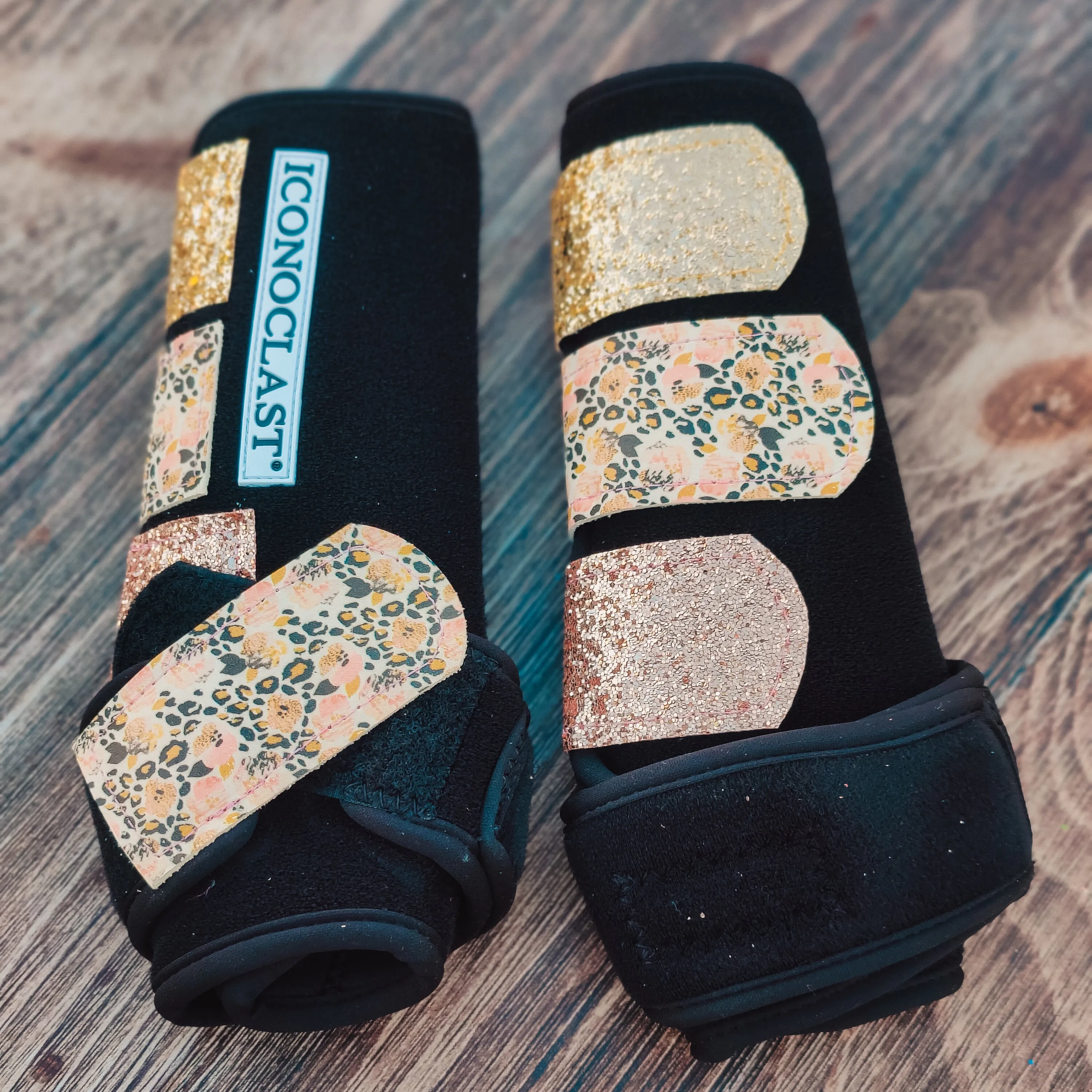 Large Black Iconoclast Fronts w/ Wildflower Cheetah Leather and Gold/Rose Gold Glitter