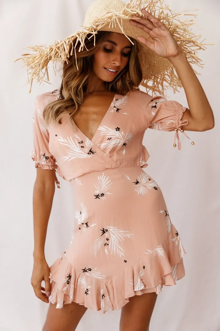 Lilo Surplice Neckline Cut-Out Back Dress Botanic Print Nude