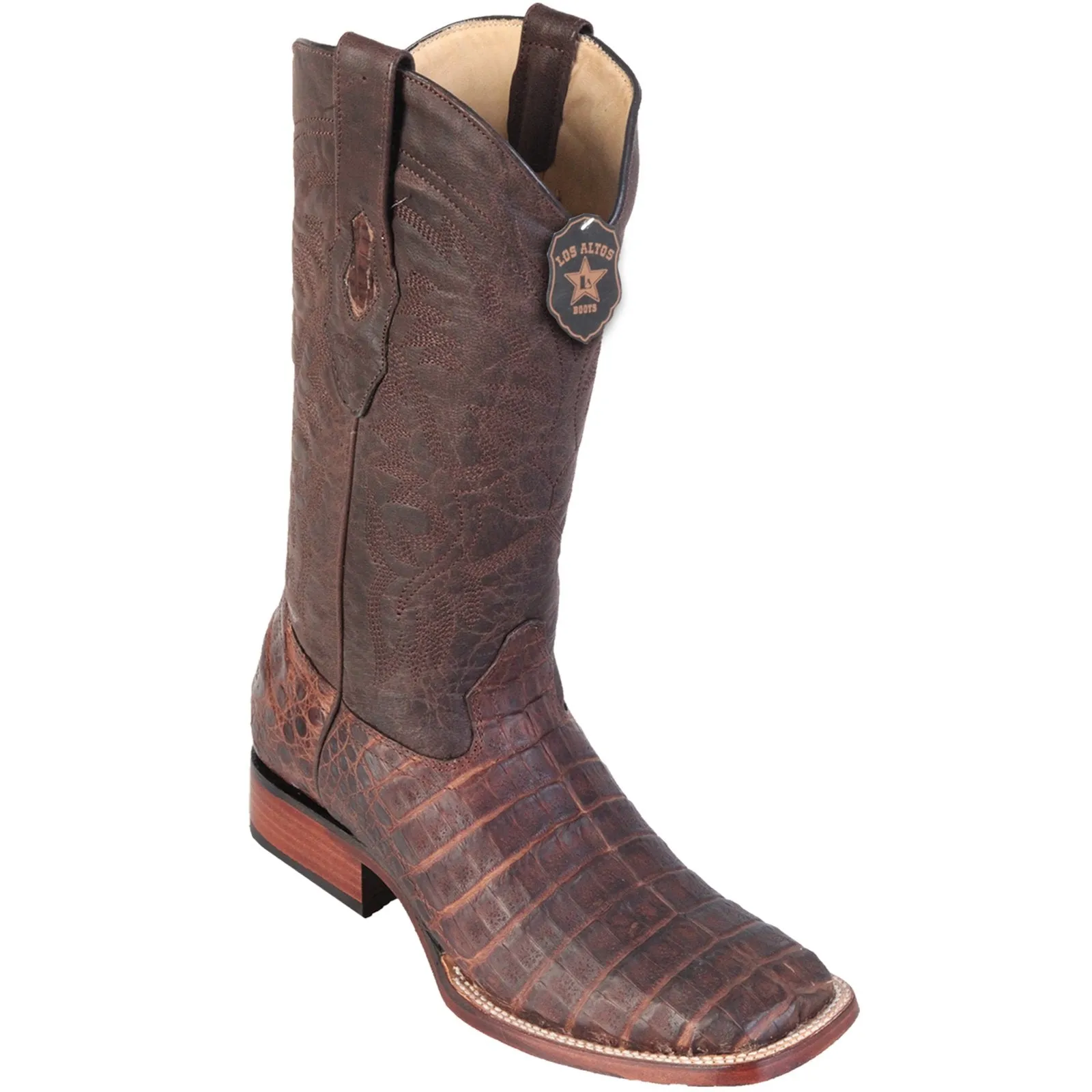 Los Altos Caiman Belly Wide Square Toe Cowboy Boots - Brown Grease Finish