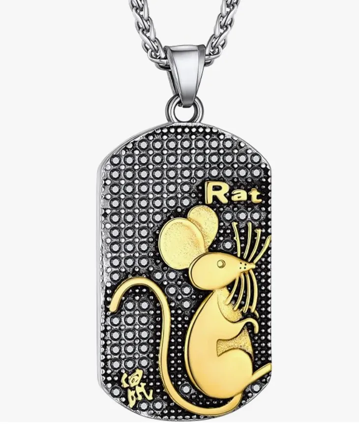 Lucky Chinese Zodiac Animal Chain Dog Pig Monkey Rat Tiger Sheep Cow Rabbit Dragon Snake Horse Sheep Chicken Jewelry Amulet Charm Dog Tag Stainless Steel Gold Silver 24in.