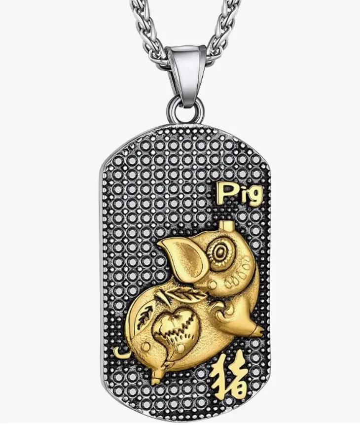 Lucky Chinese Zodiac Animal Chain Dog Pig Monkey Rat Tiger Sheep Cow Rabbit Dragon Snake Horse Sheep Chicken Jewelry Amulet Charm Dog Tag Stainless Steel Gold Silver 24in.