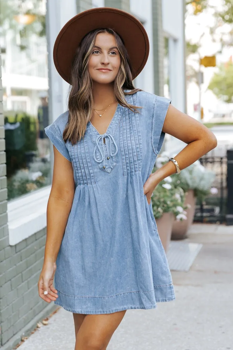 Made For You Denim Pleated Mini Dress - FINAL SALE