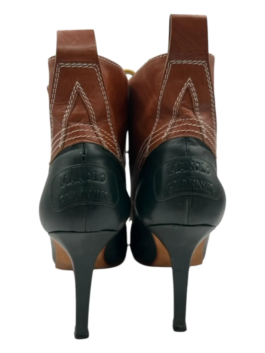 Manolo Blahnik Shoe Size 39.5 Brown & Green Leather Laces Pointed Toe Booties