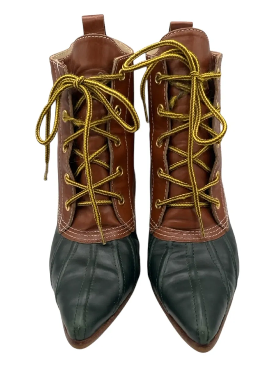 Manolo Blahnik Shoe Size 39.5 Brown & Green Leather Laces Pointed Toe Booties