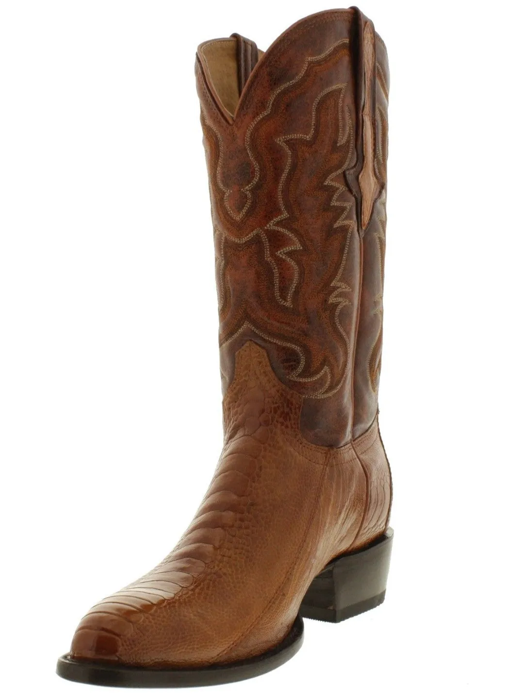 Men's Cognac Genuine Ostrich Foot Skin Cowboy Boots J Toe - #220G