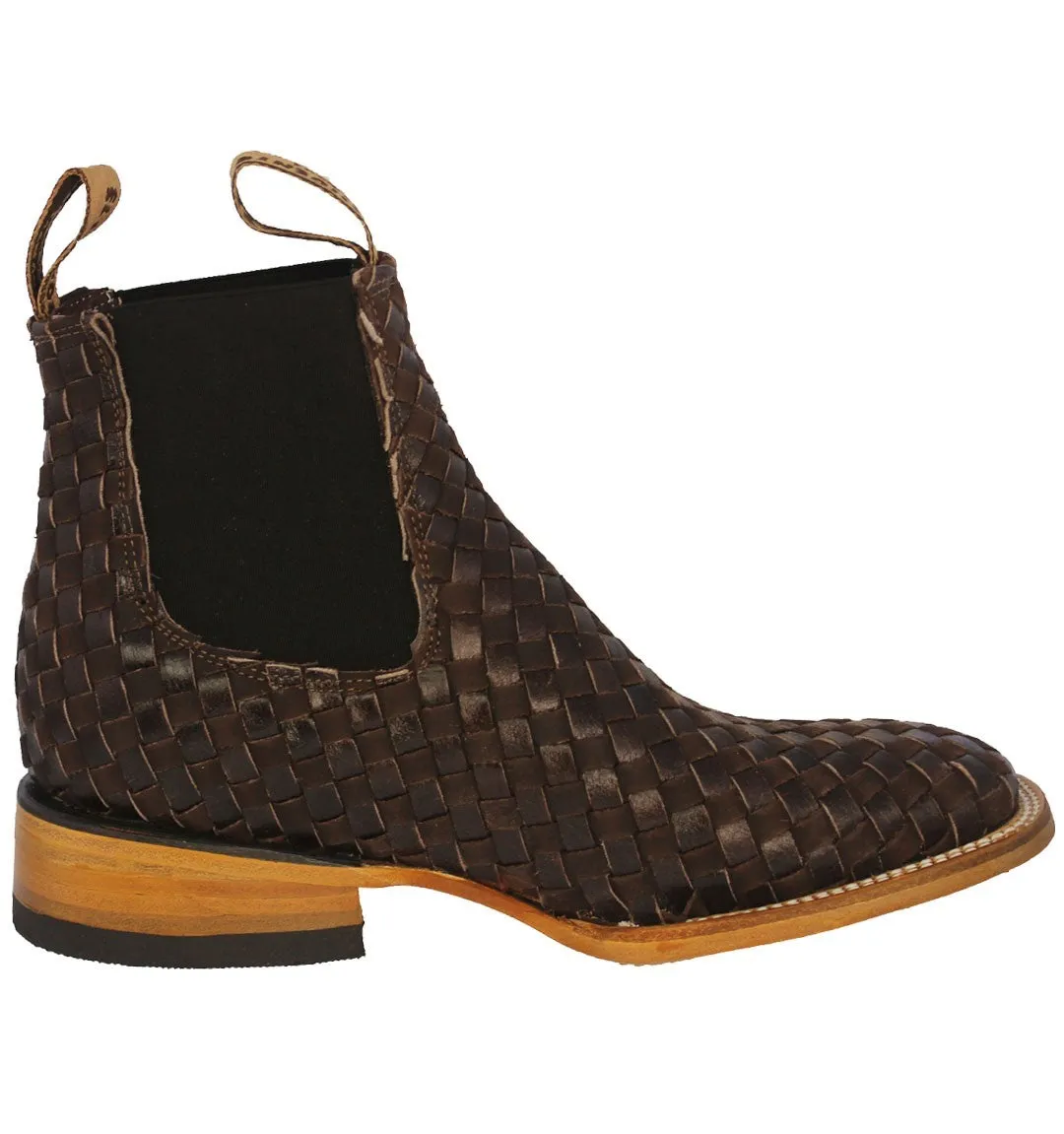 Mens Petatillo Brown Chelsea Boots Woven Leather - Square Toe