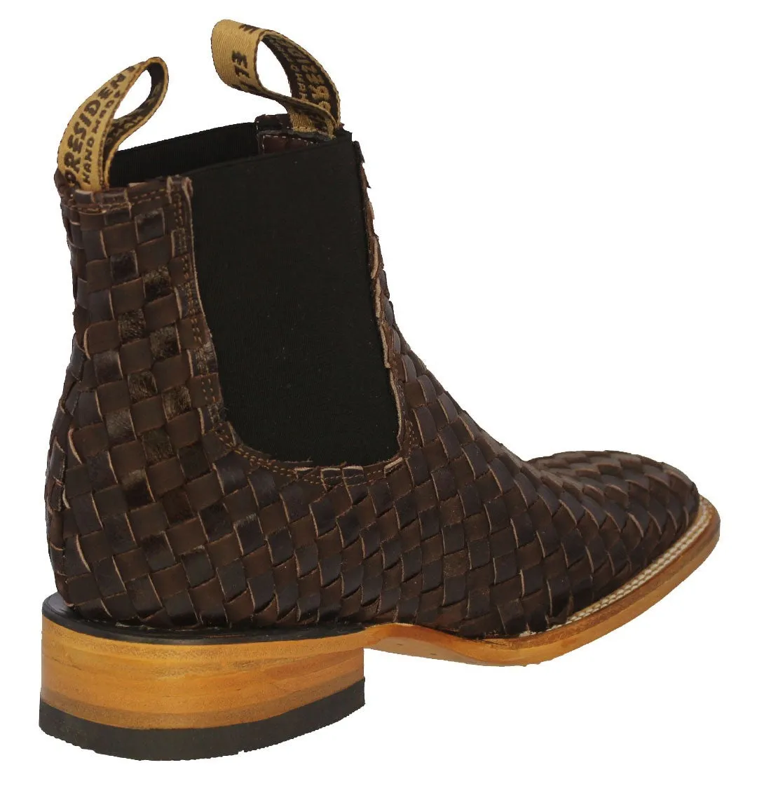 Mens Petatillo Brown Chelsea Boots Woven Leather - Square Toe