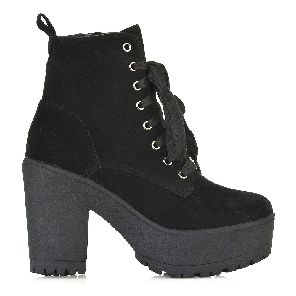 Merida Lace up Chunky Platform Block High Heel Ankle Boots in Black Canvas