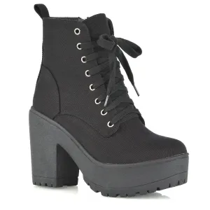 Merida Lace up Chunky Platform Block High Heel Ankle Boots in Black Canvas