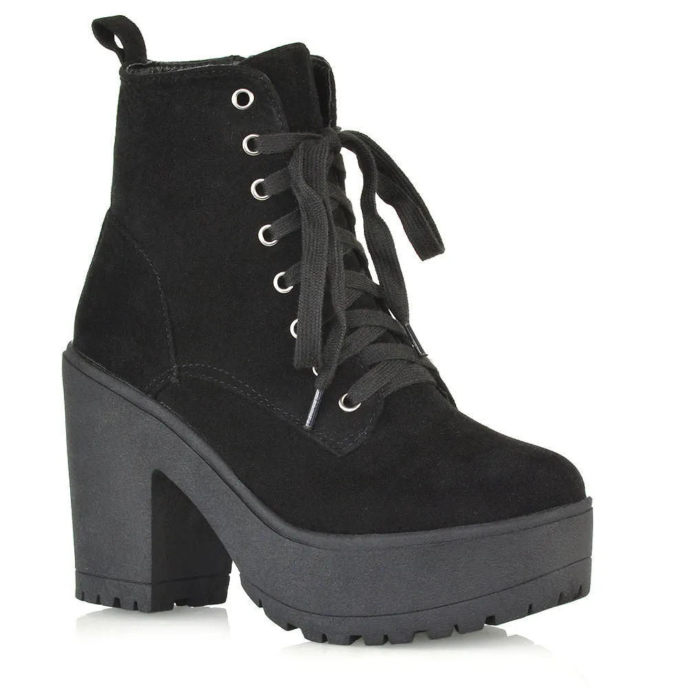 Merida Lace up Chunky Platform Block High Heel Ankle Boots in Black Canvas