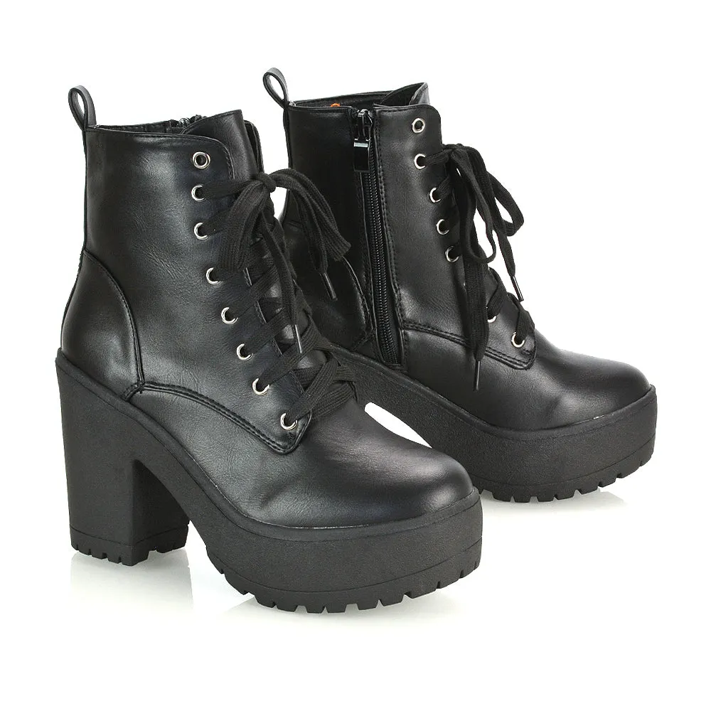 Merida Lace up Chunky Platform Block High Heel Ankle Boots in Black Canvas