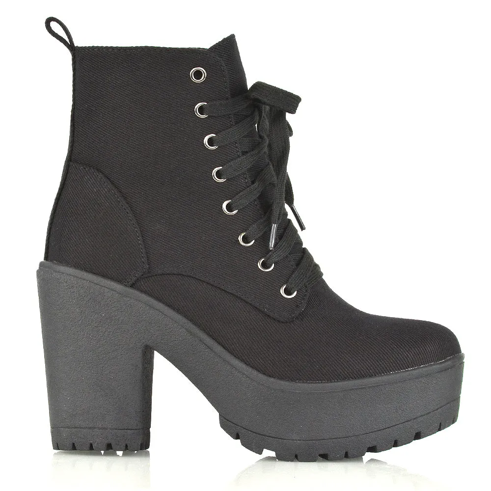 Merida Lace up Chunky Platform Block High Heel Ankle Boots in Black Canvas