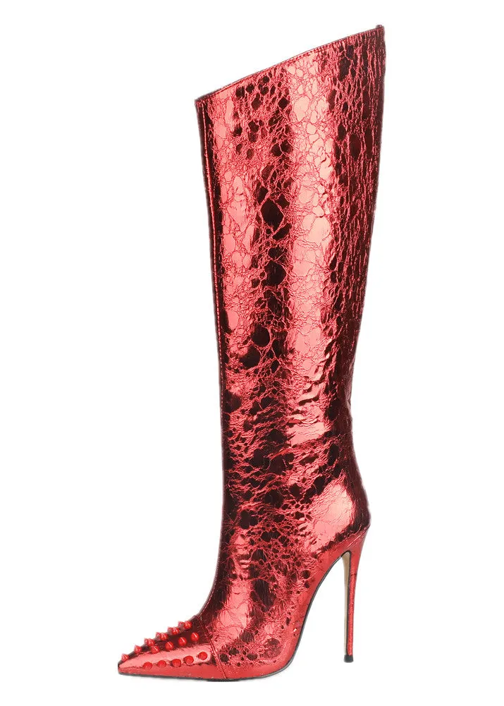 Metallic Stiletto Knee High Boots Sexy Pointed Toe 12cm High Heels with Glitter Studs