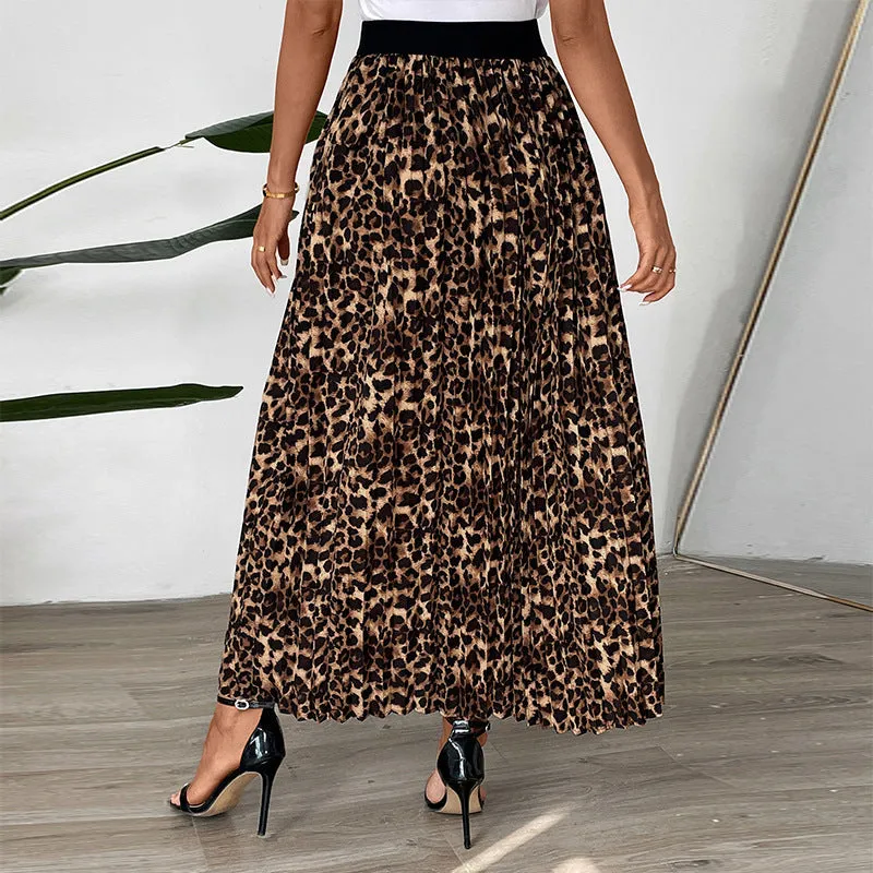 METAVERSMALL new solid color pleated skirt temperament commuter pleated New autumn and winter leopard print skirt