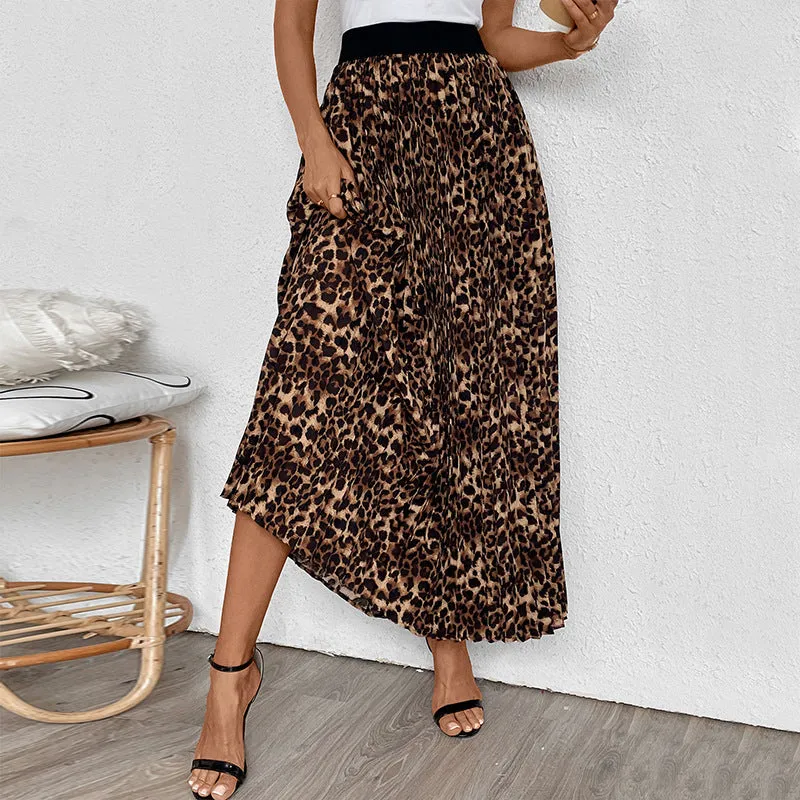 METAVERSMALL new solid color pleated skirt temperament commuter pleated New autumn and winter leopard print skirt