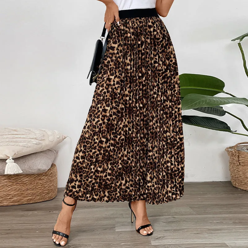 METAVERSMALL new solid color pleated skirt temperament commuter pleated New autumn and winter leopard print skirt