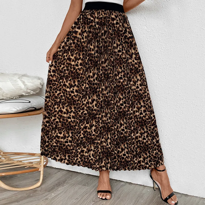 METAVERSMALL new solid color pleated skirt temperament commuter pleated New autumn and winter leopard print skirt