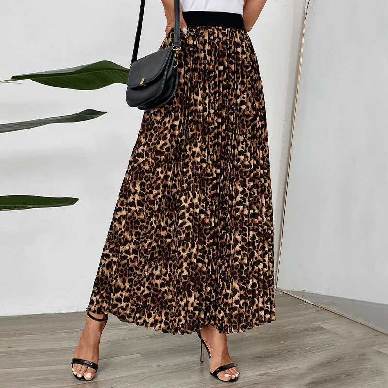 METAVERSMALL new solid color pleated skirt temperament commuter pleated New autumn and winter leopard print skirt