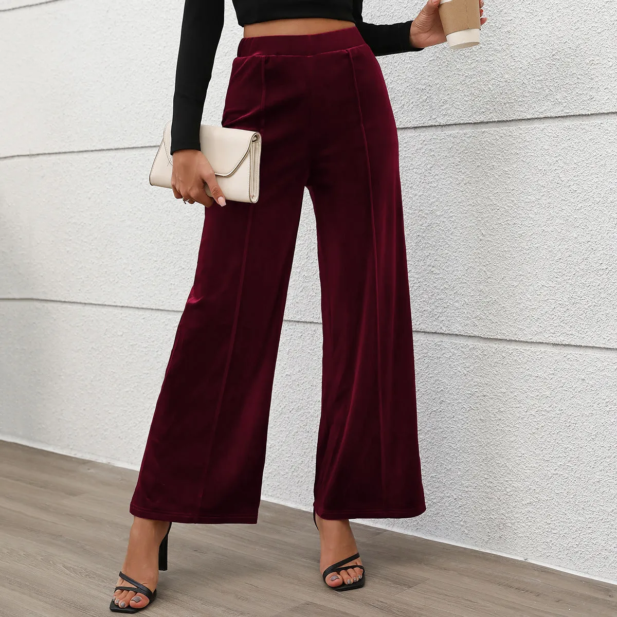 METAVERSMALL New summer new 2025  foreign trade trousers Valentine's Day commuting style high waist temperament velvet wide-leg trousers women