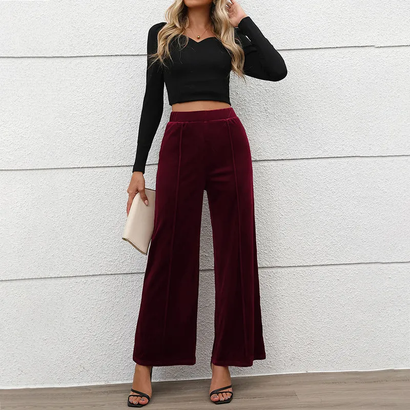 METAVERSMALL New summer new 2025  foreign trade trousers Valentine's Day commuting style high waist temperament velvet wide-leg trousers women