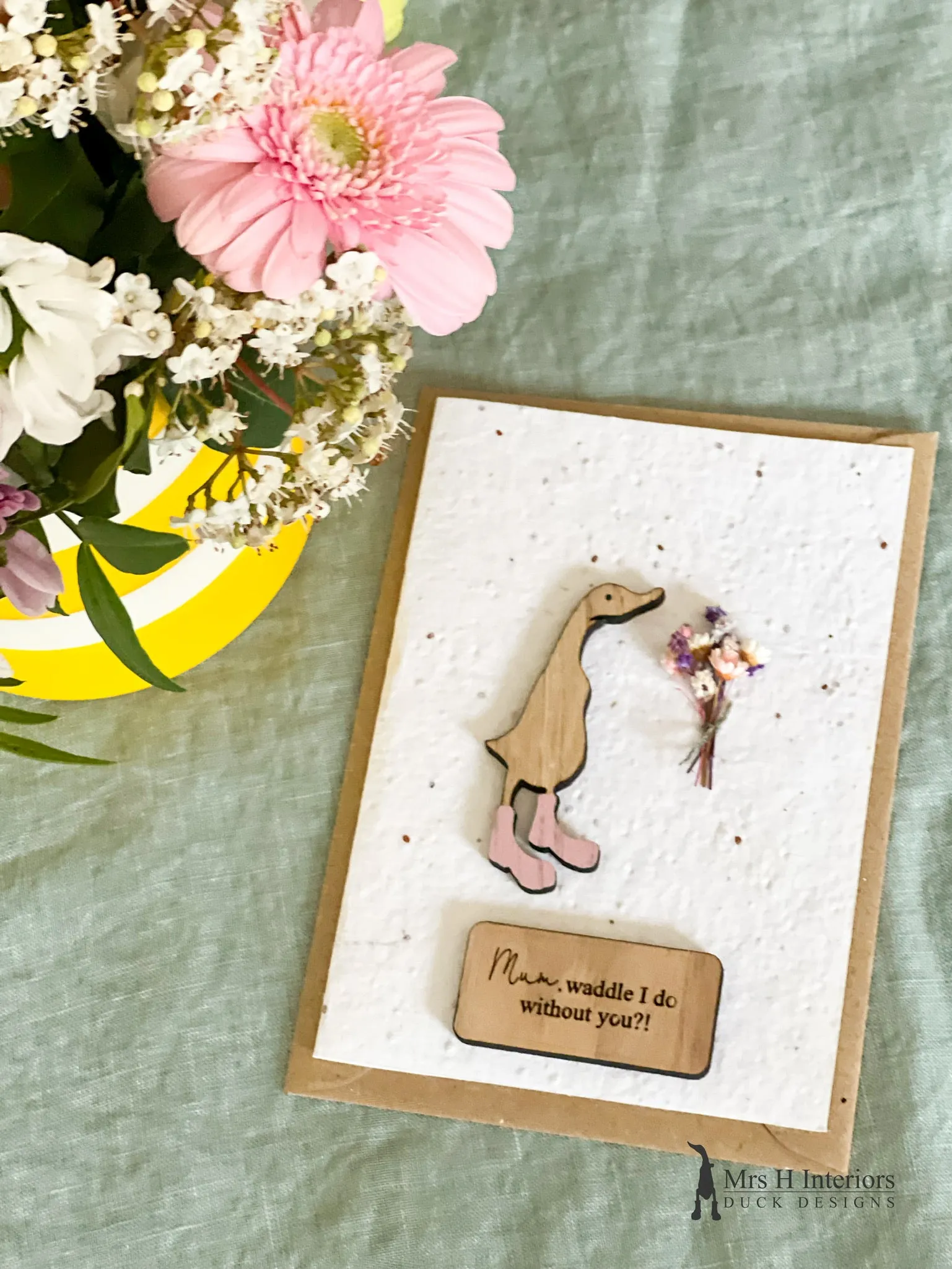 Mum, Waddle I Do Without You? - Mother's Day Card - Duck with Flowers - Decorated Wooden Duck in Boots by Mrs H the Duck Lady