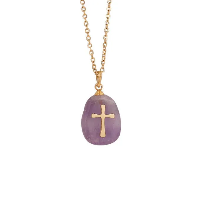 Natural Stone Stainless Steel Cross Pendant Necklace - Purple