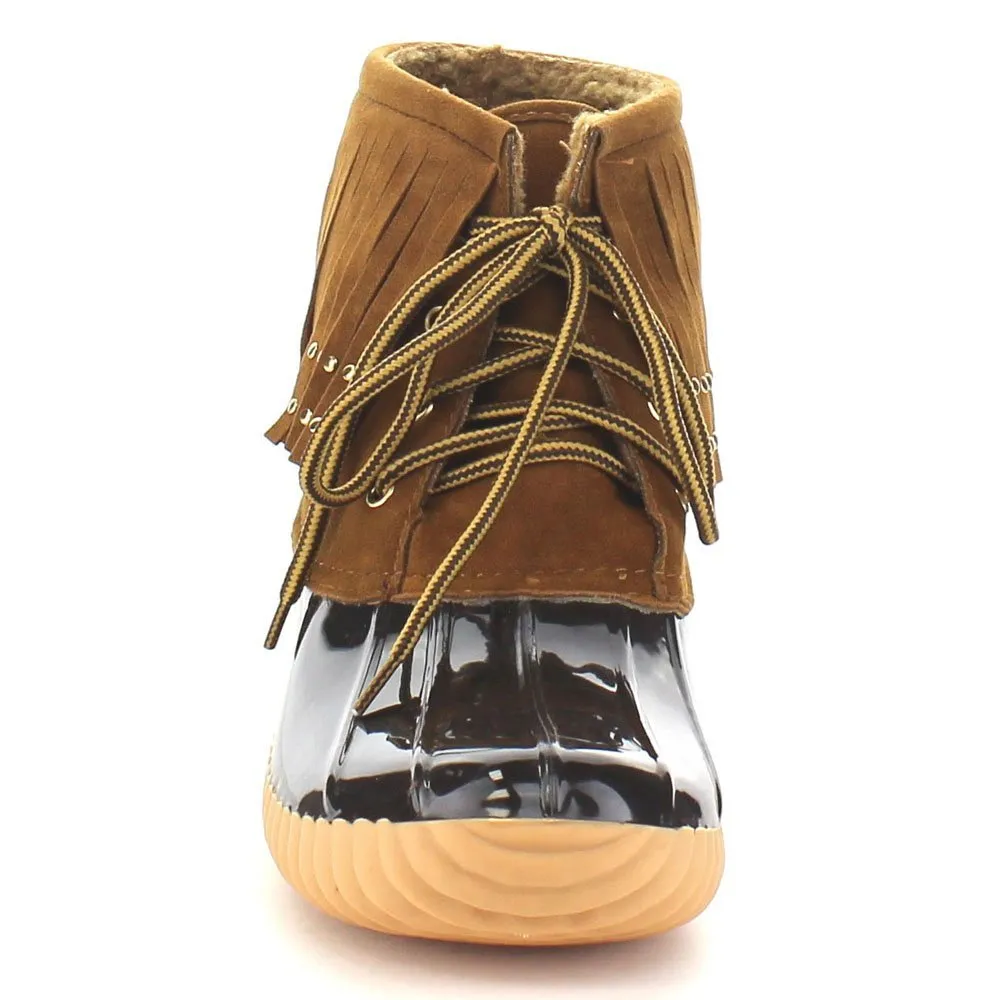 Nature Breeze Duck-03 Women's Lovely Studded Fringe Lace Up Dress Duck Boots