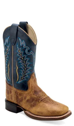 Old West Children Unisex Square Toe Burnt Brown/Navy Leather Cowboy Boots 11 D