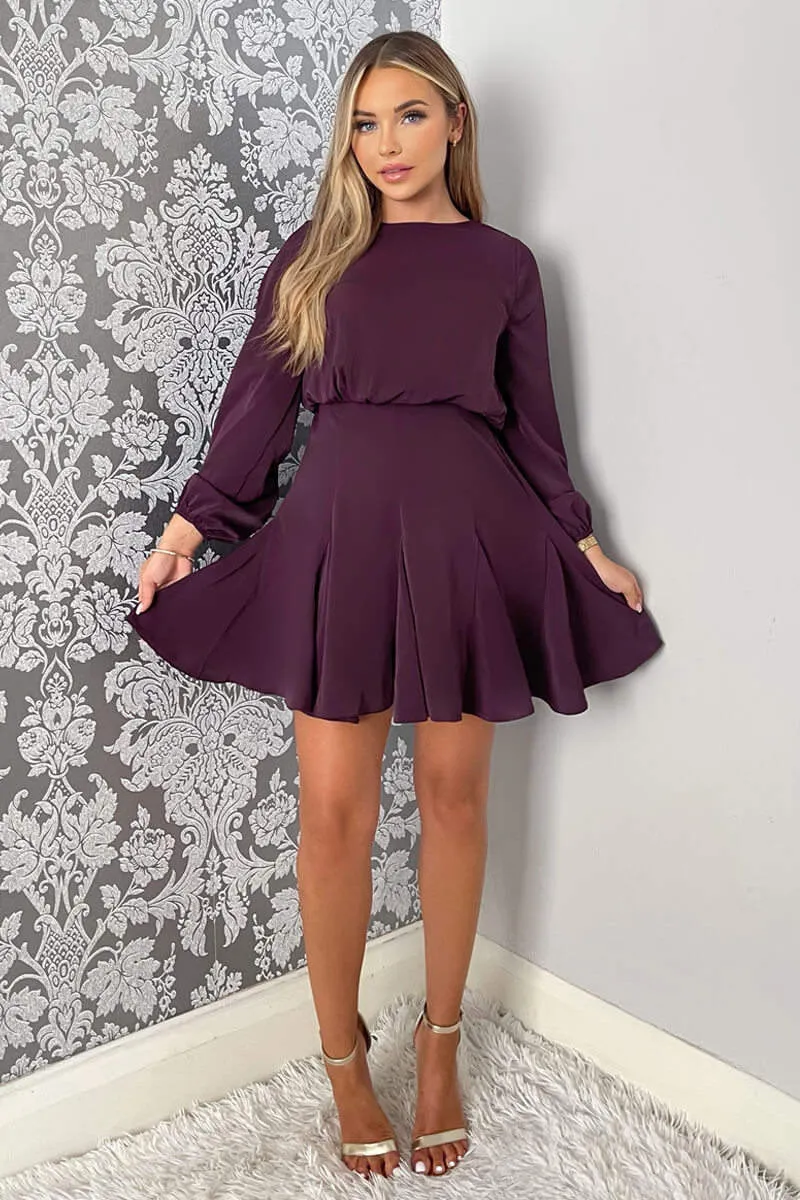 Plum Long Sleeve Frill Skirt Dress