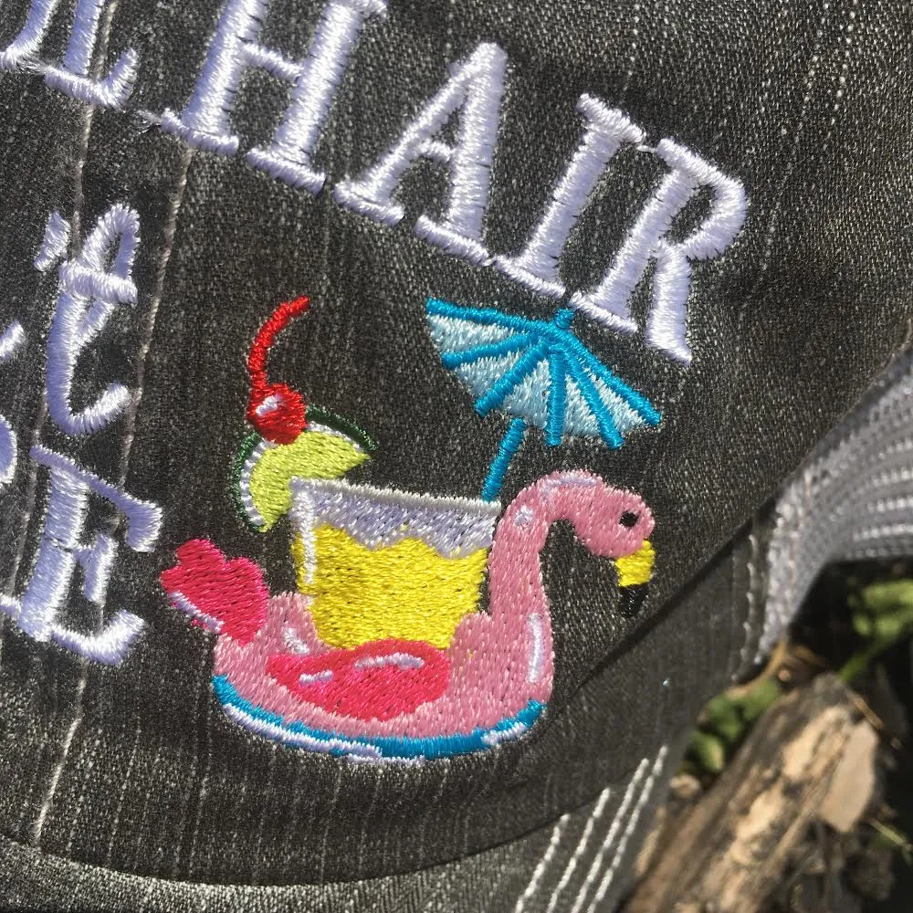 Pool hats Embroidered gray distressed unisex trucker caps Pool hair dont care Pool please Flamingos Flip flops