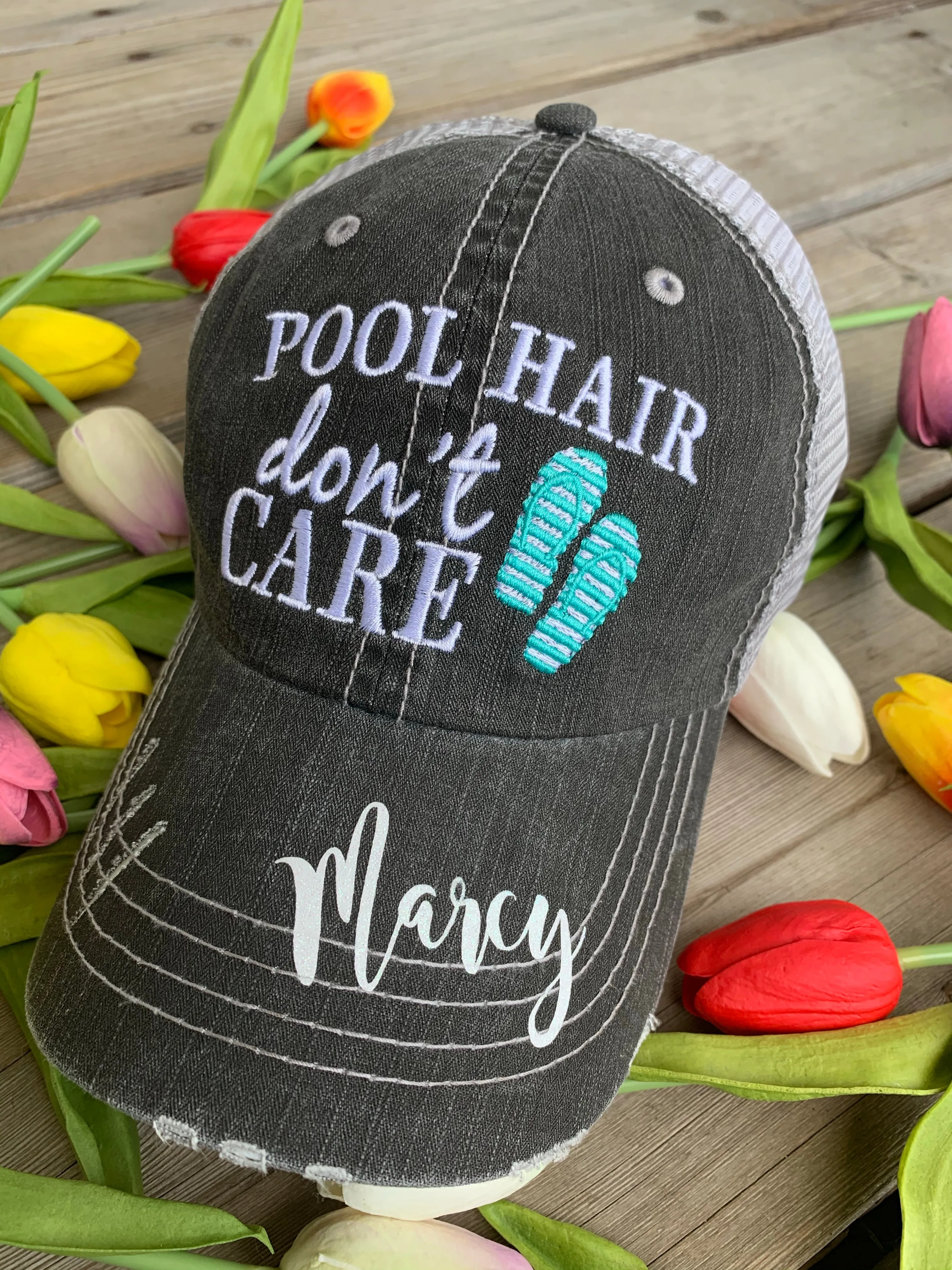 Pool hats Embroidered gray distressed unisex trucker caps Pool hair dont care Pool please Flamingos Flip flops