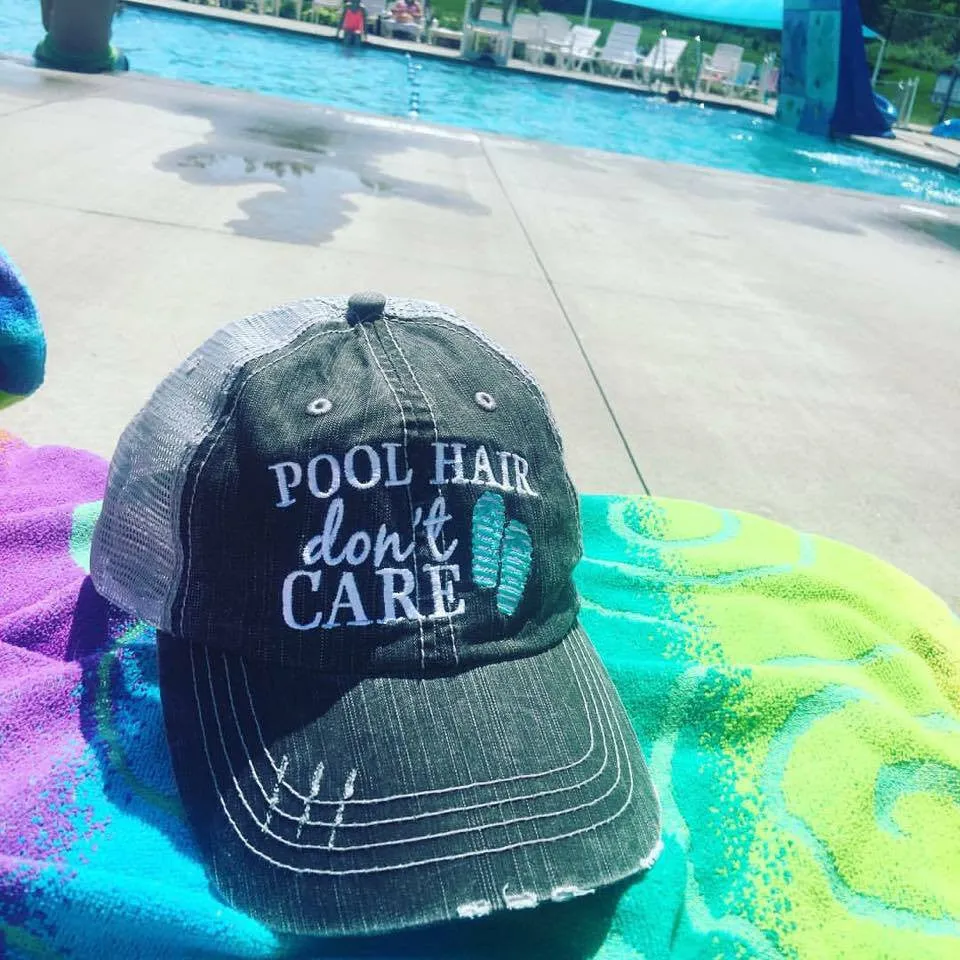 Pool hats Embroidered gray distressed unisex trucker caps Pool hair dont care Pool please Flamingos Flip flops