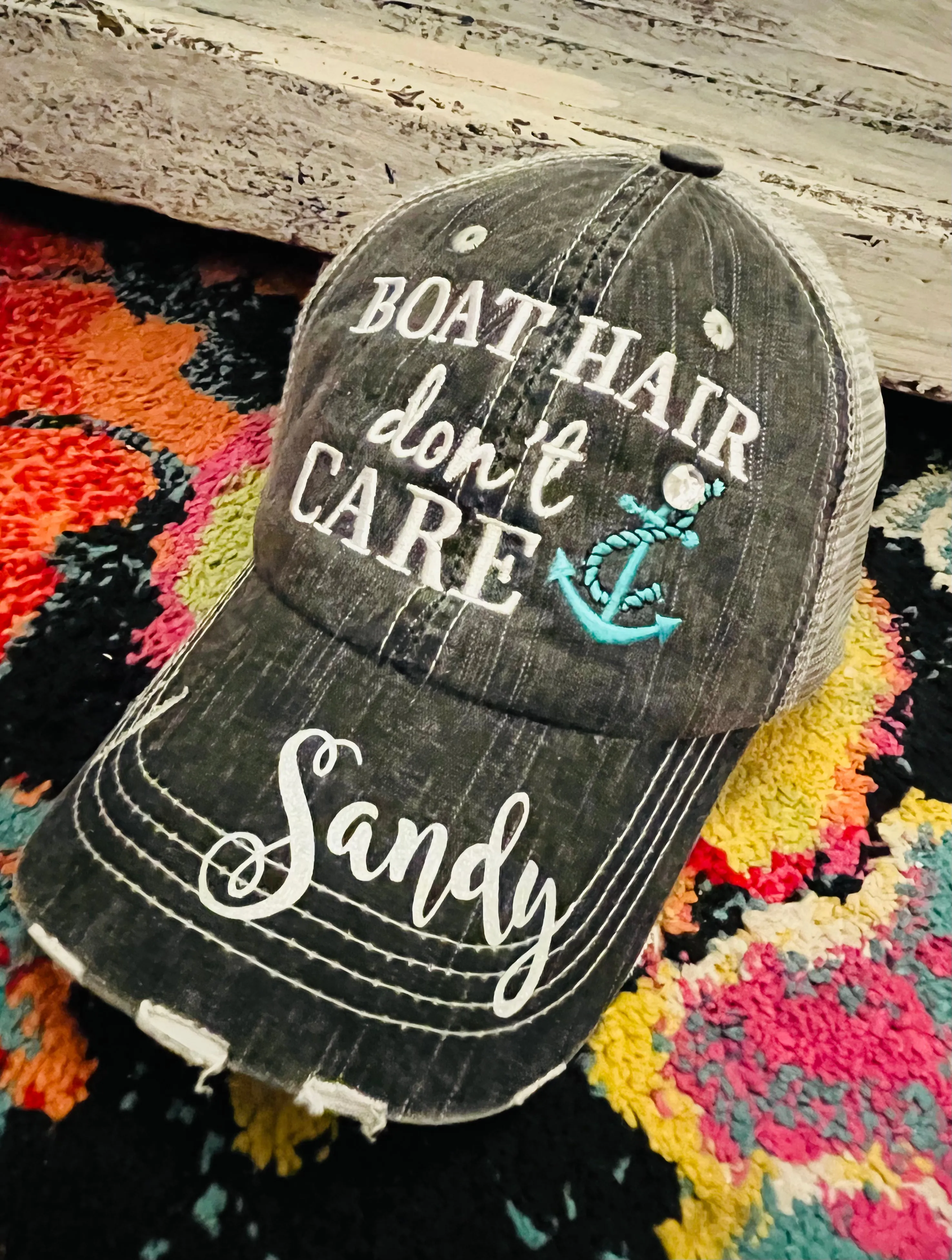 Pool hats Embroidered gray distressed unisex trucker caps Pool hair dont care Pool please Flamingos Flip flops