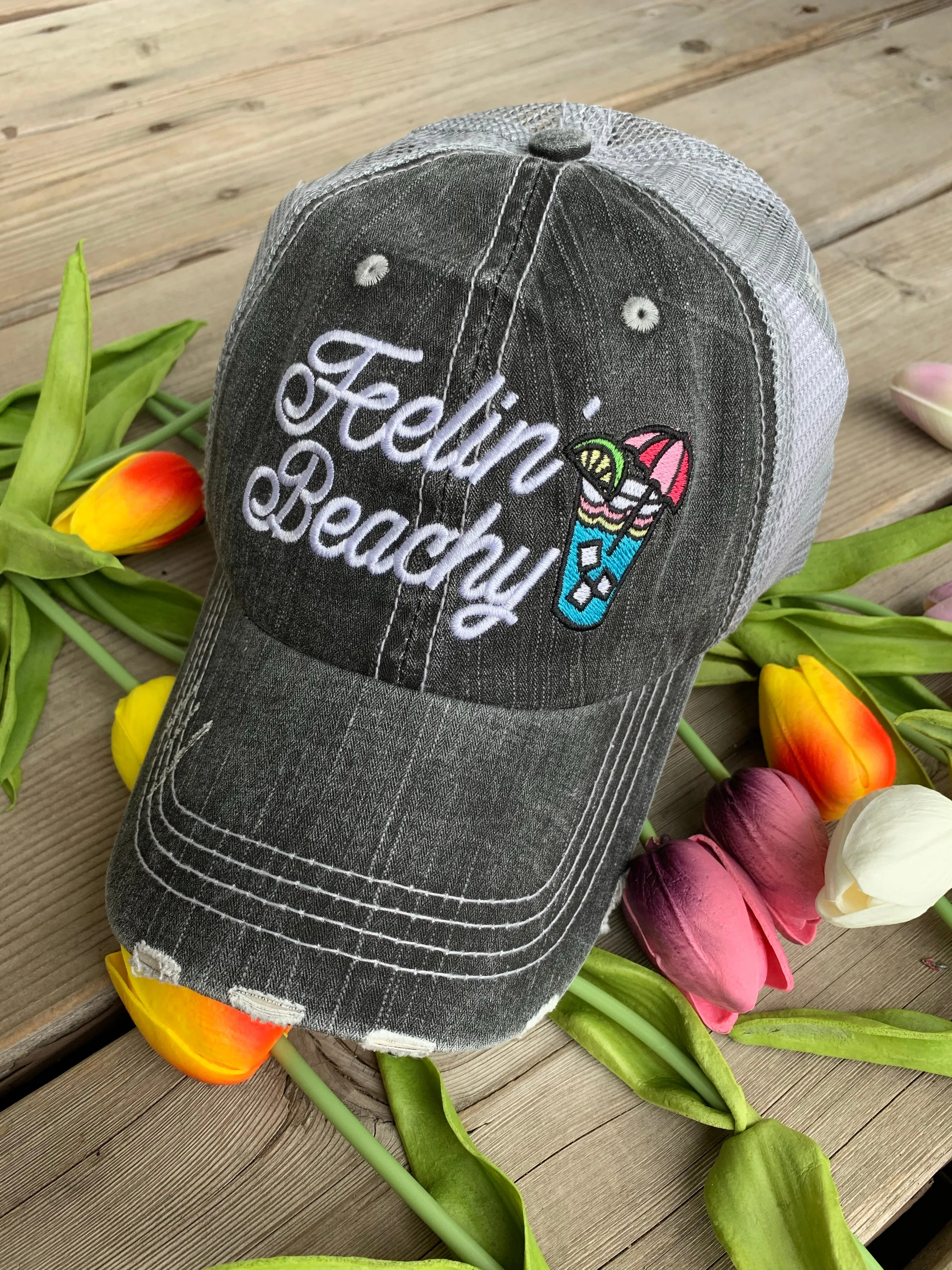 Pool hats Embroidered gray distressed unisex trucker caps Pool hair dont care Pool please Flamingos Flip flops