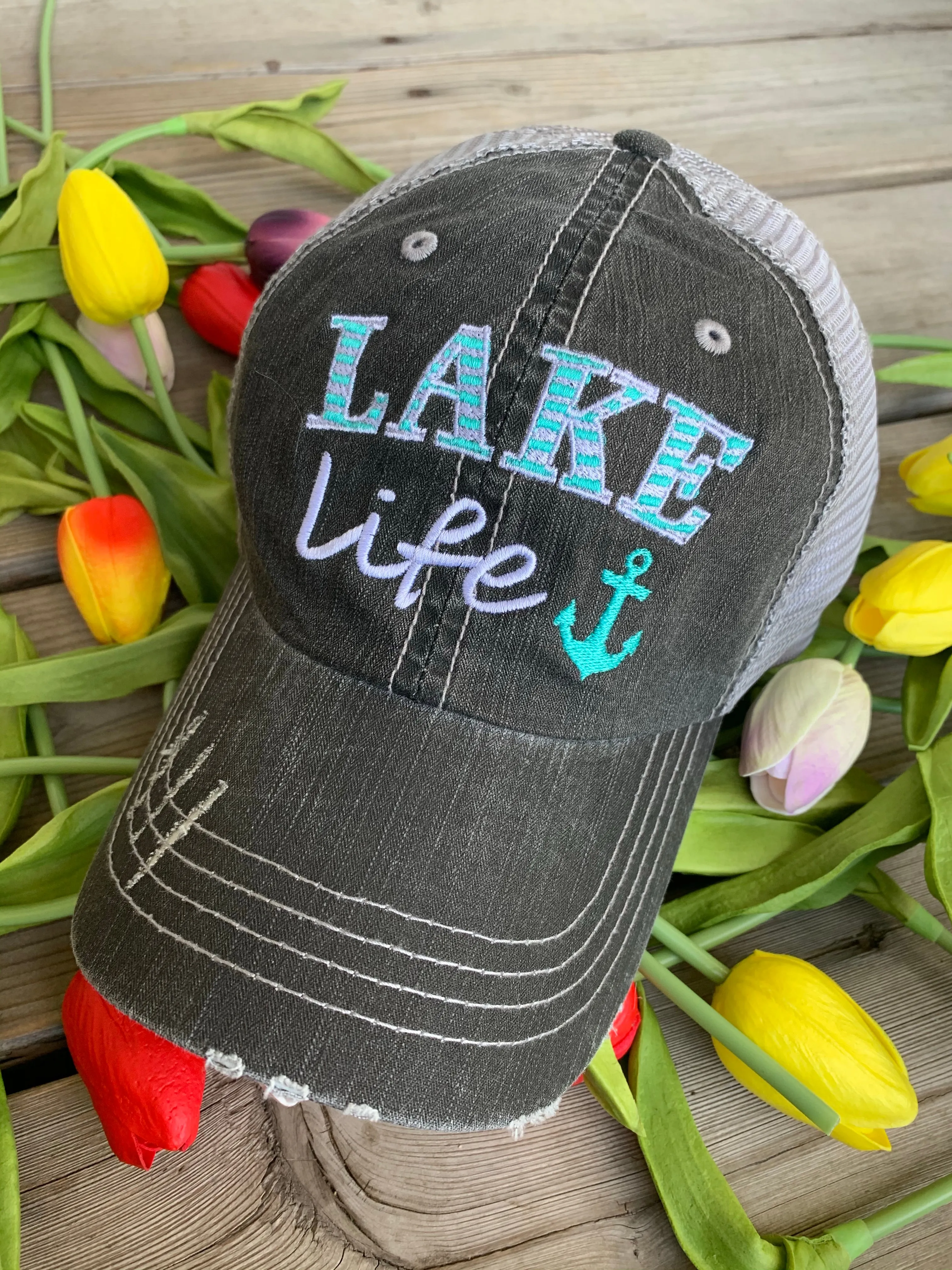 Pool hats Embroidered gray distressed unisex trucker caps Pool hair dont care Pool please Flamingos Flip flops