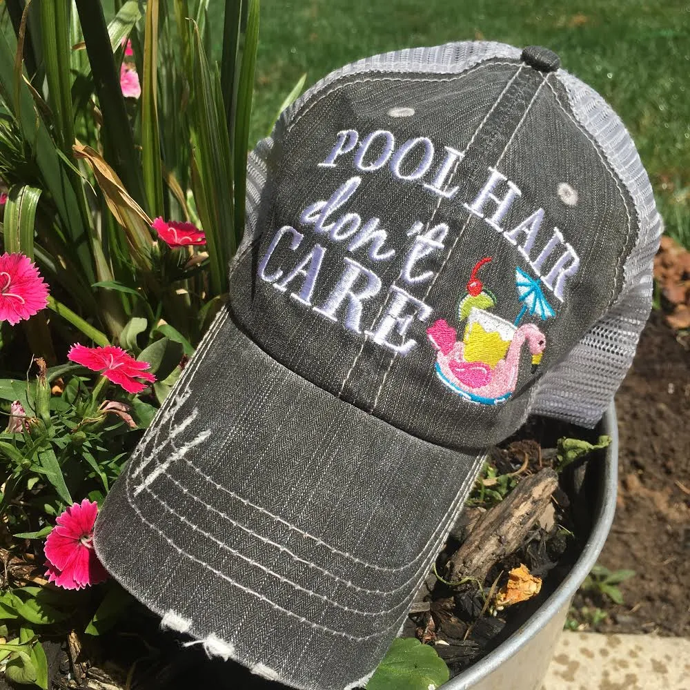 Pool hats Embroidered gray distressed unisex trucker caps Pool hair dont care Pool please Flamingos Flip flops