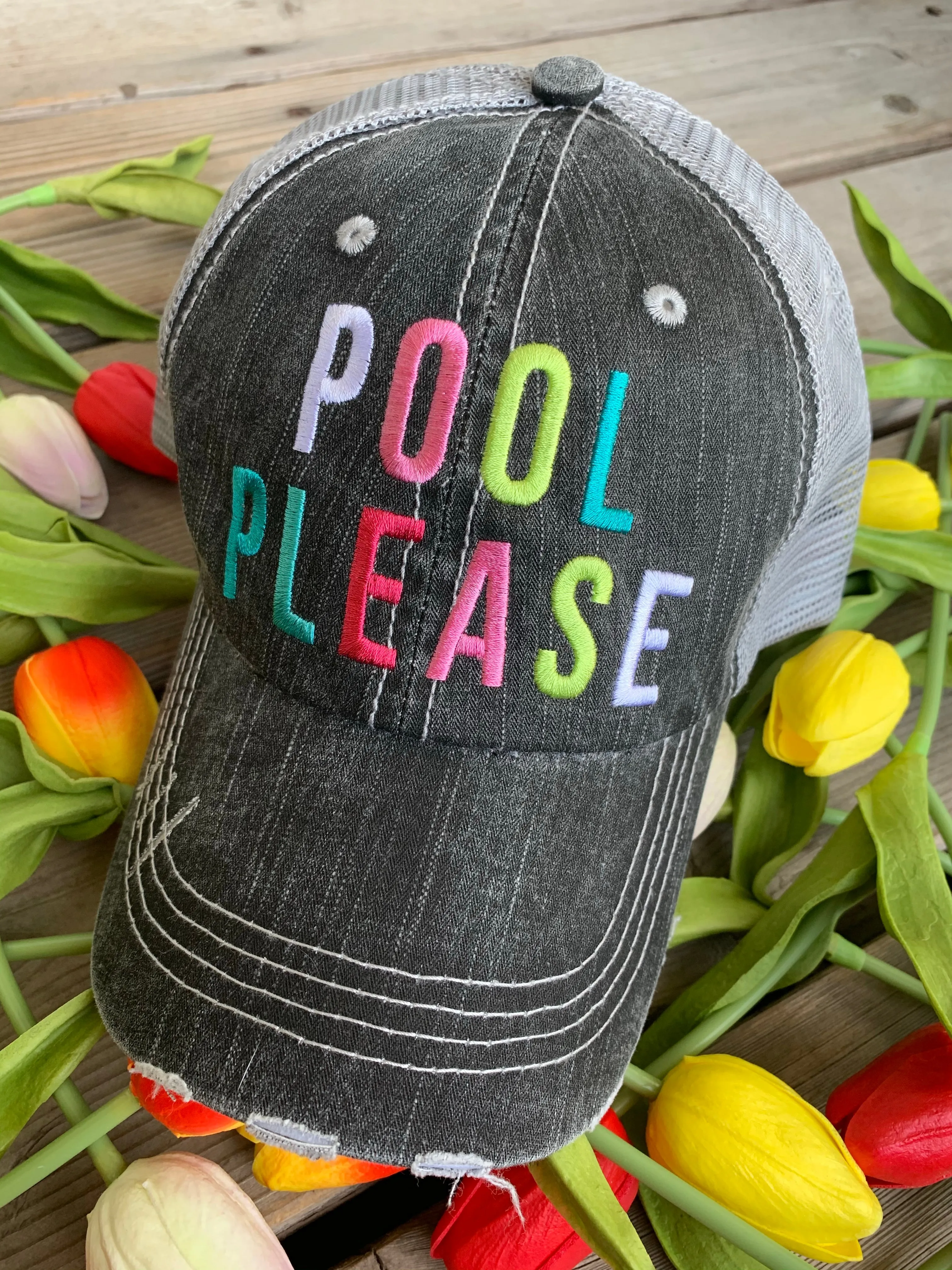 Pool hats Embroidered gray distressed unisex trucker caps Pool hair dont care Pool please Flamingos Flip flops