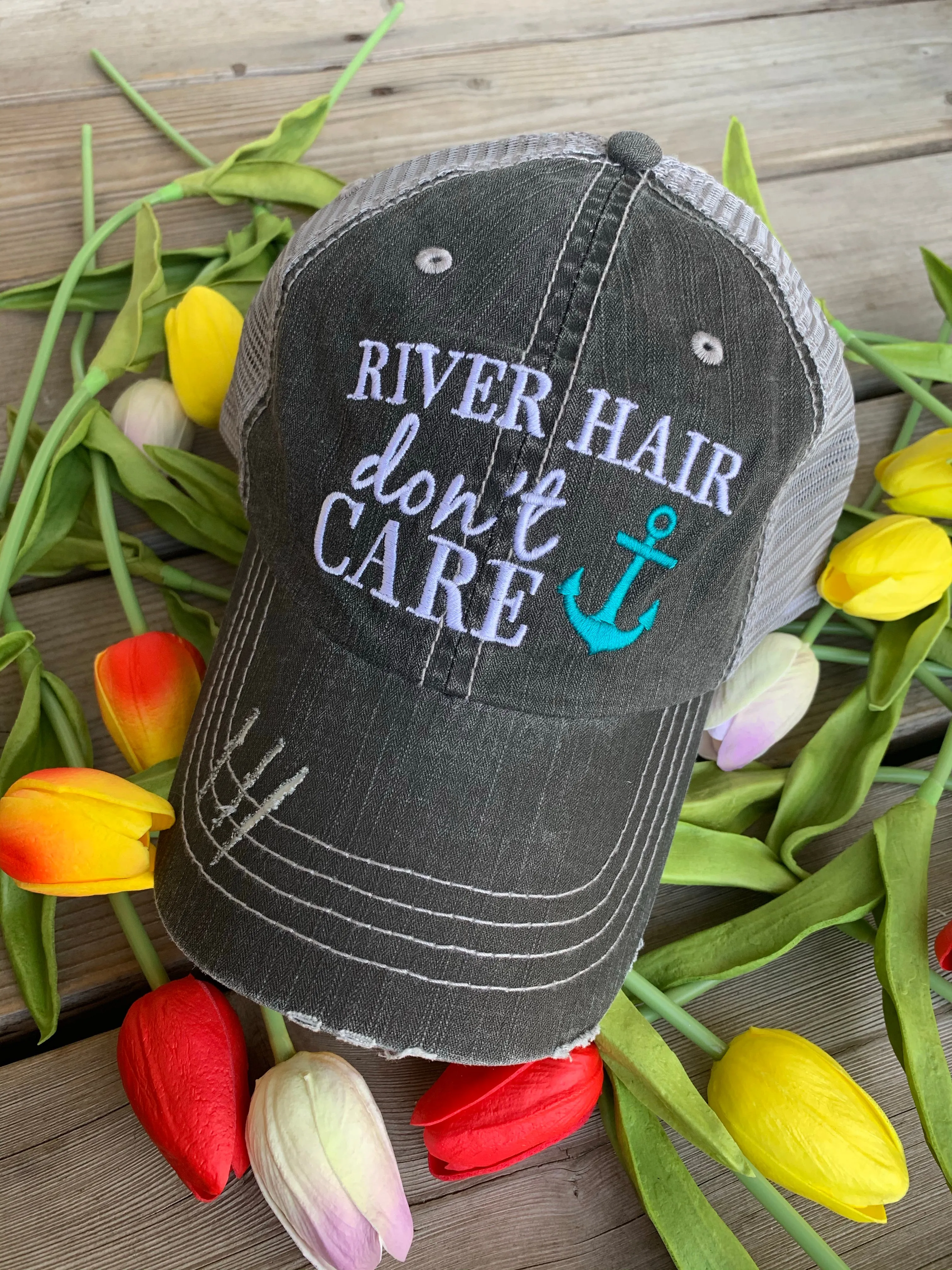 Pool hats Embroidered gray distressed unisex trucker caps Pool hair dont care Pool please Flamingos Flip flops