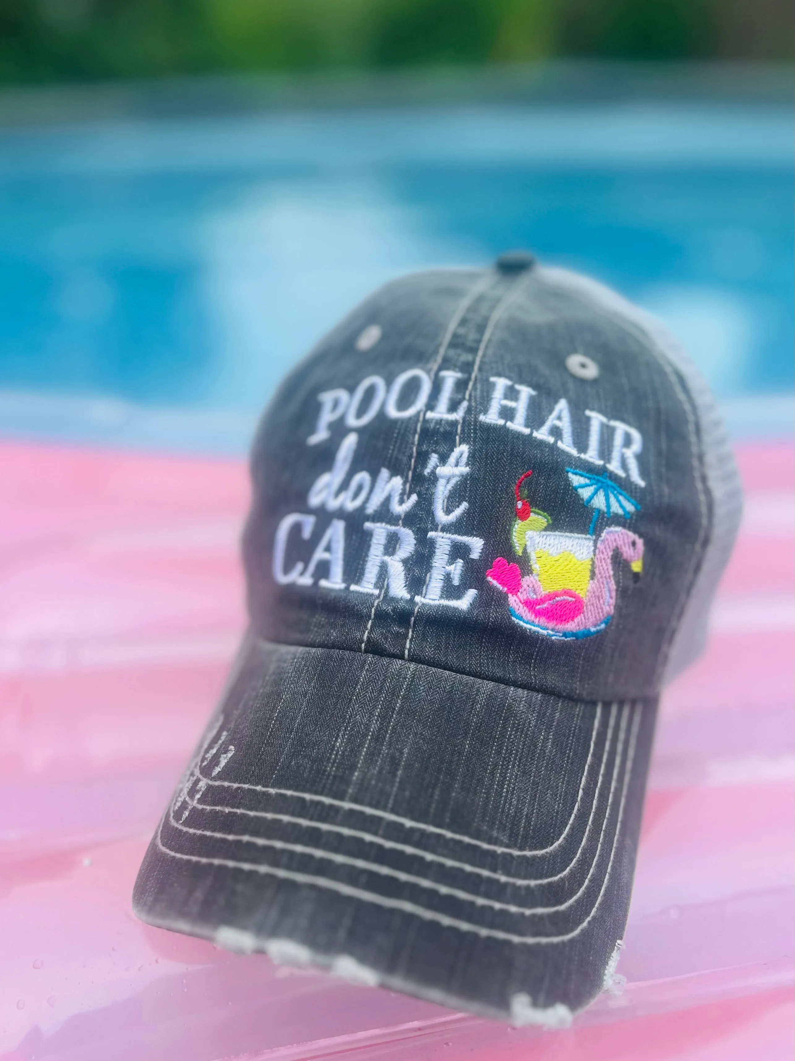 Pool hats Embroidered gray distressed unisex trucker caps Pool hair dont care Pool please Flamingos Flip flops