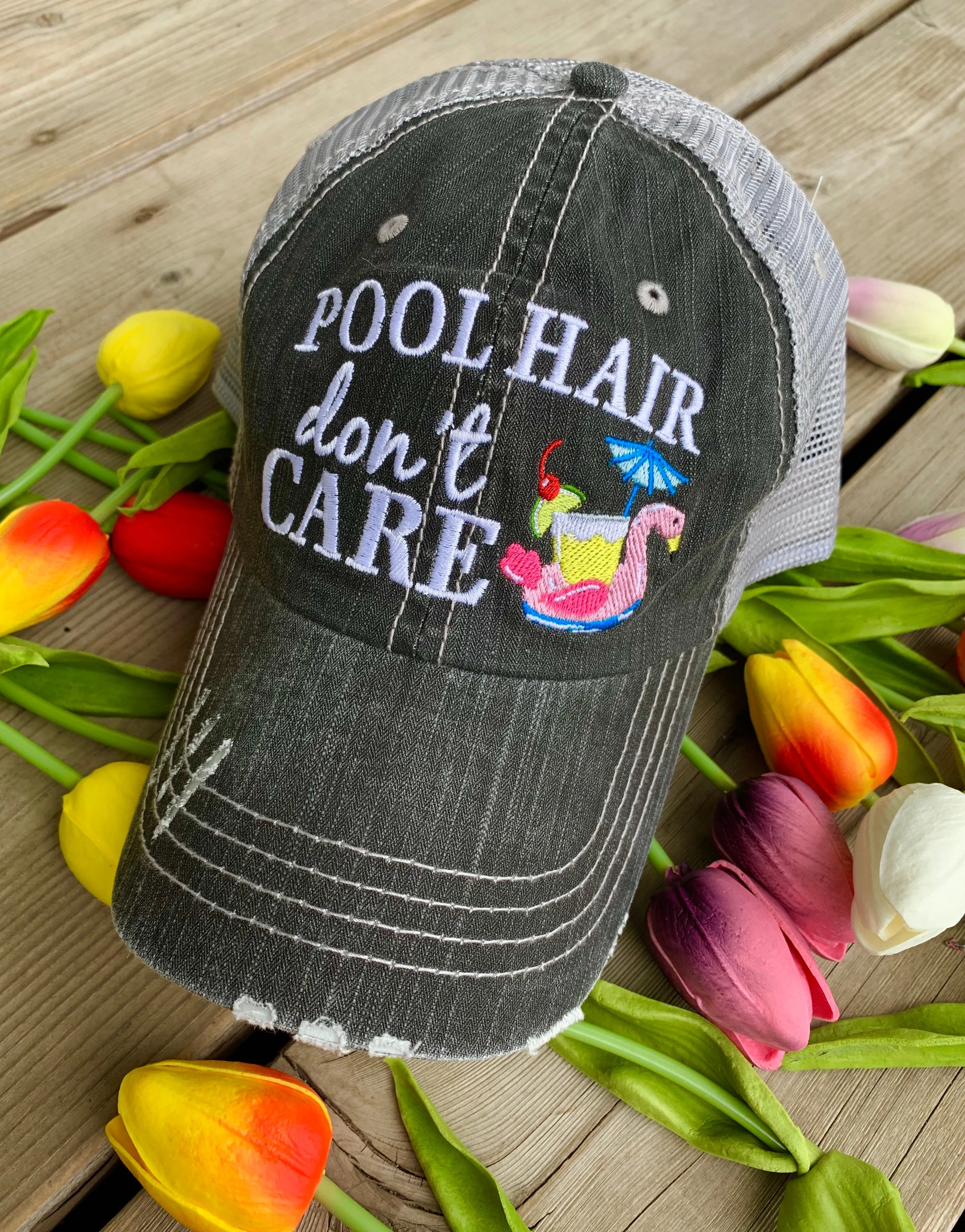 Pool hats Embroidered gray distressed unisex trucker caps Pool hair dont care Pool please Flamingos Flip flops