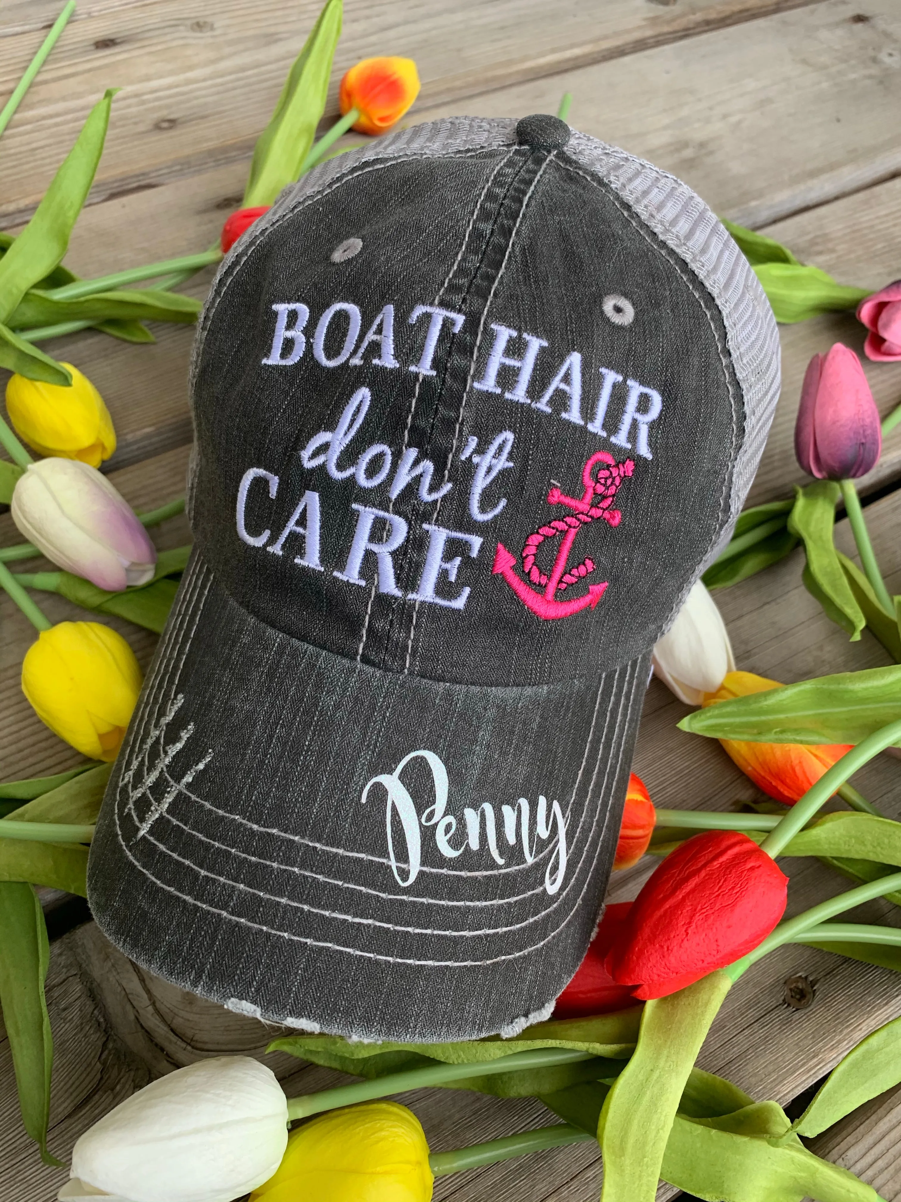 Pool hats Embroidered gray distressed unisex trucker caps Pool hair dont care Pool please Flamingos Flip flops