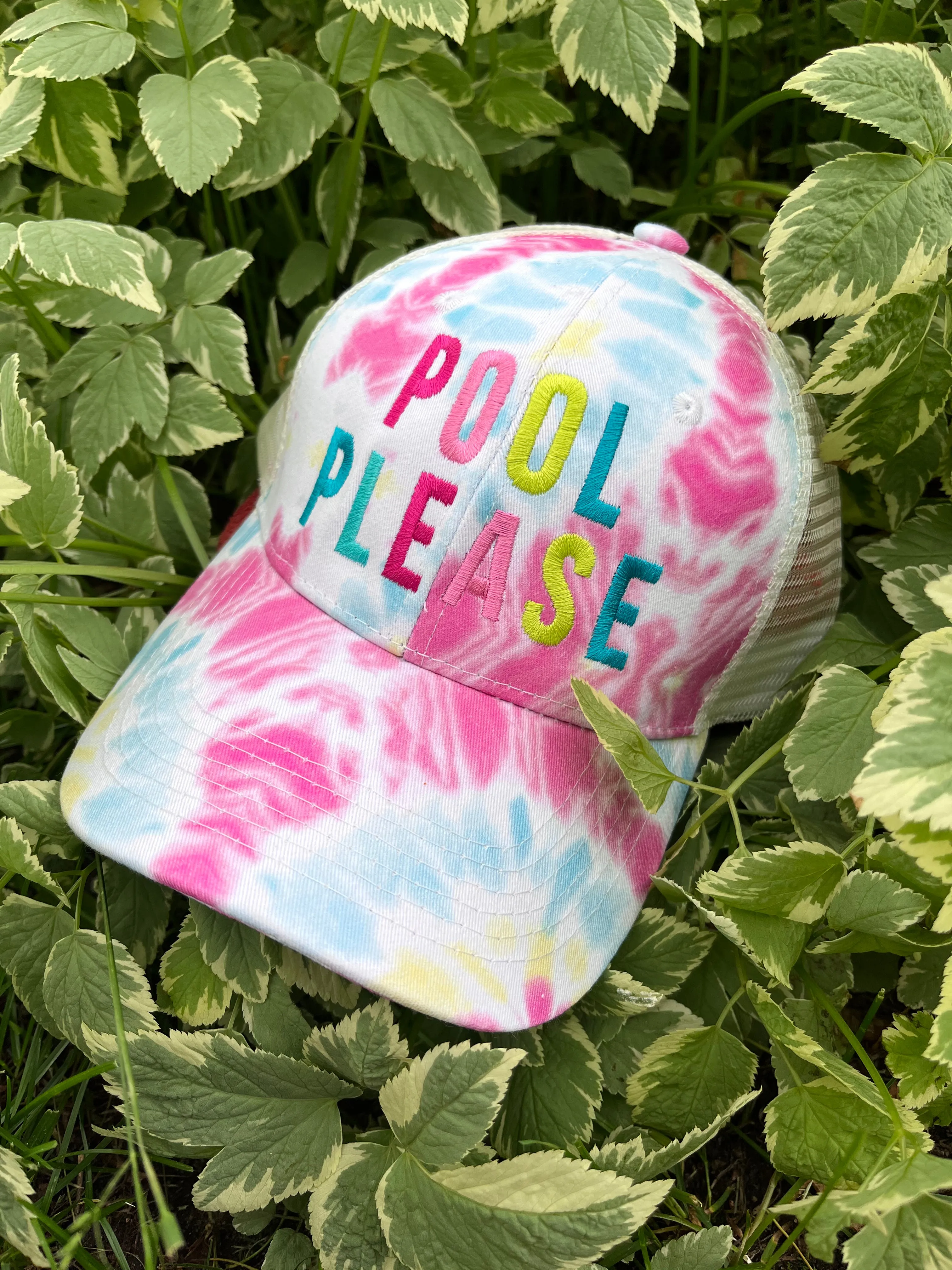 Pool hats Embroidered gray distressed unisex trucker caps Pool hair dont care Pool please Flamingos Flip flops