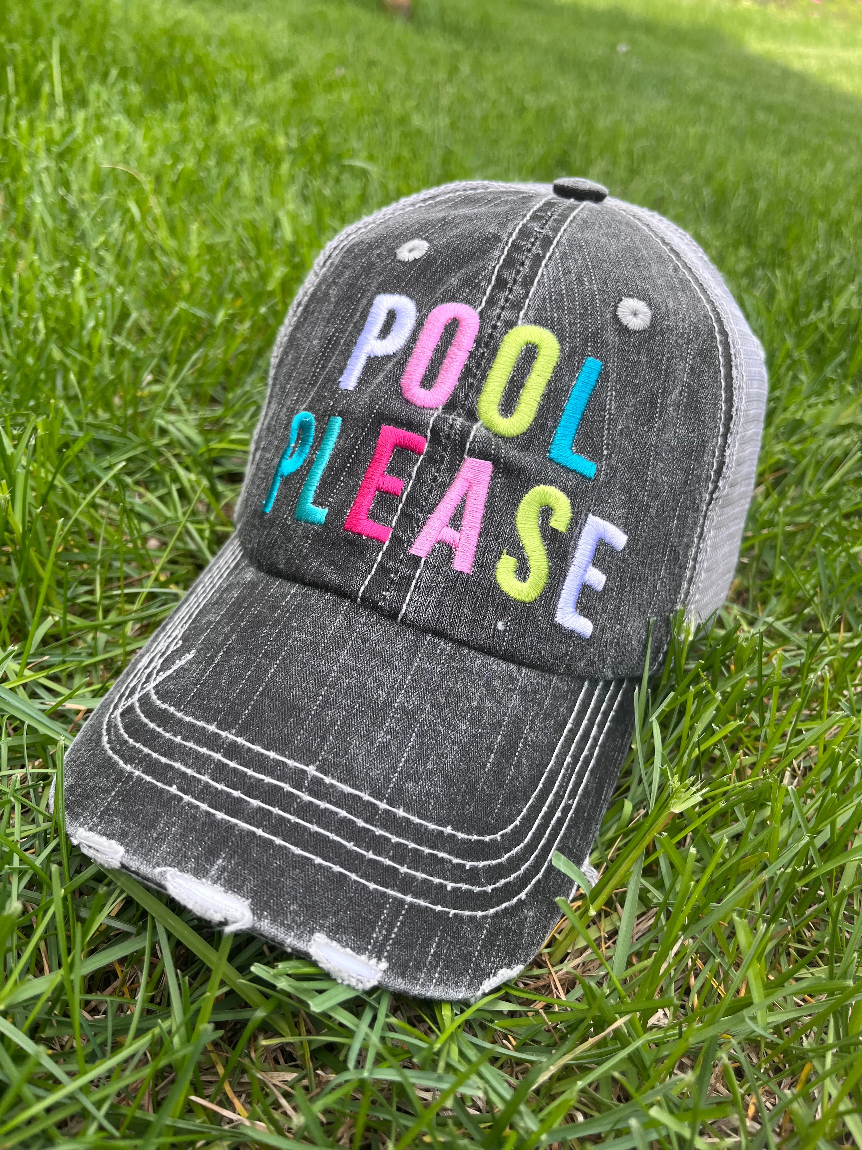 Pool hats Embroidered gray distressed unisex trucker caps Pool hair dont care Pool please Flamingos Flip flops