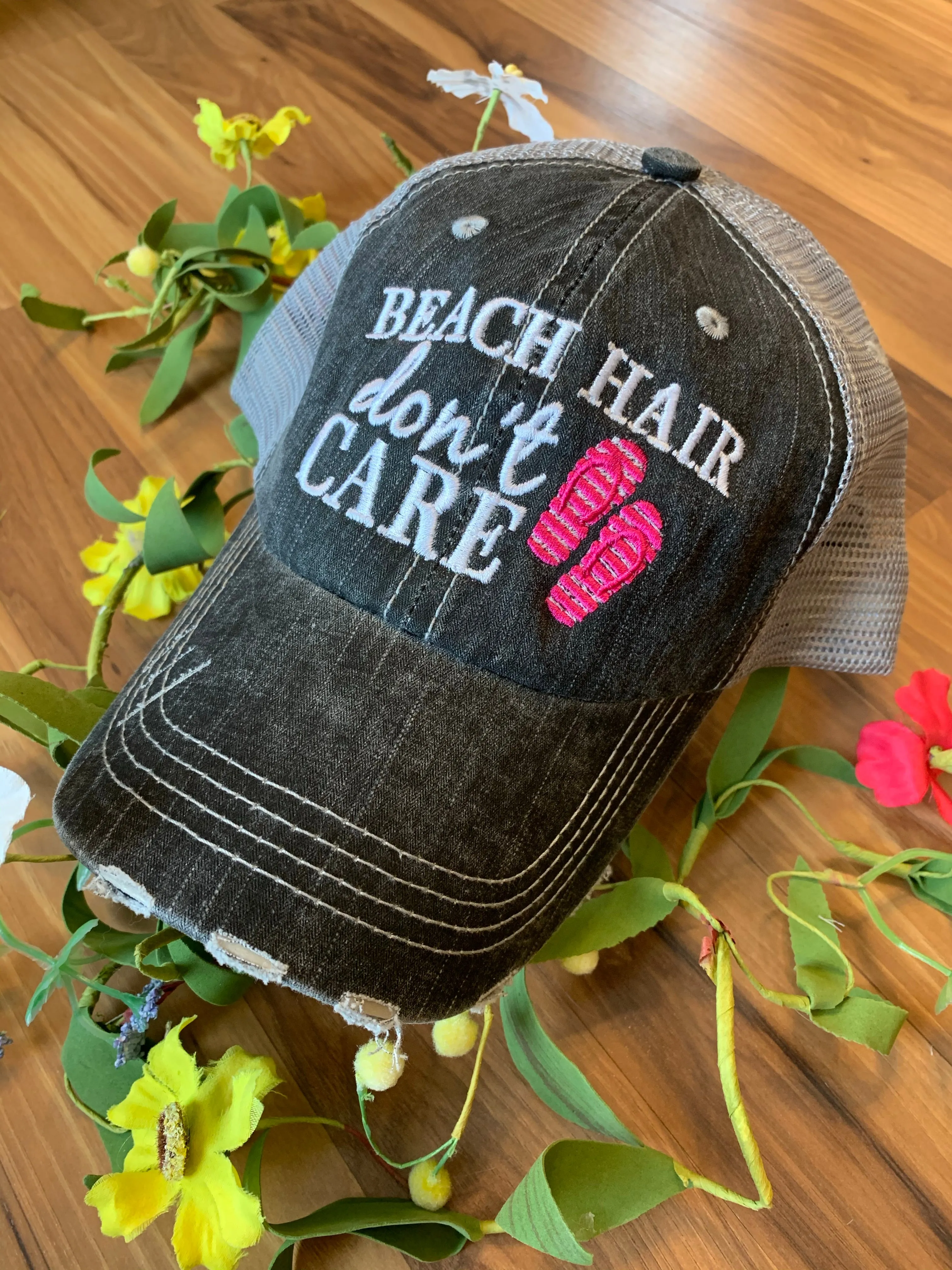 Pool hats Embroidered gray distressed unisex trucker caps Pool hair dont care Pool please Flamingos Flip flops